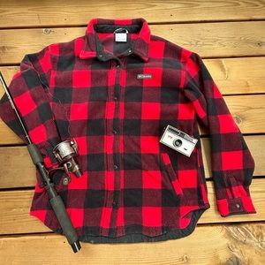 Columbia Buffalo plaid sweater. It’s a warm cozy button up,  good for bonfires.